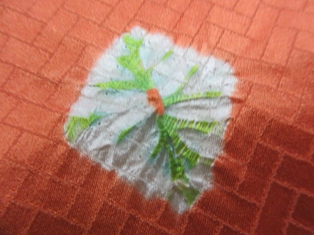 1 jpy superior article silk length feather woven Japanese clothes coat .. orange color .. aperture stop . stylish high class . length 86cm.67cm[ dream job ]***