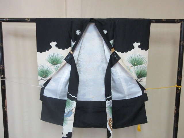 1 jpy superior article silk child kimono for boy production put on underskirt set The Seven-Five-Three Festival Japanese clothes black antique hawk pine flower turtle . good-looking . length 96cm[ dream job ]***