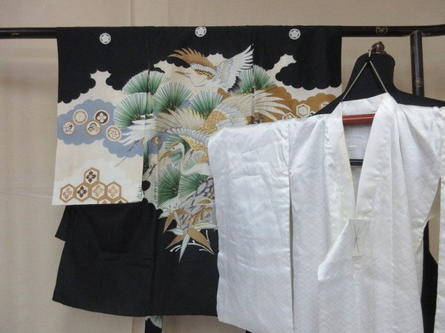 1 jpy superior article silk child kimono for boy production put on underskirt set The Seven-Five-Three Festival Japanese clothes black antique hawk pine flower turtle . good-looking . length 96cm[ dream job ]***