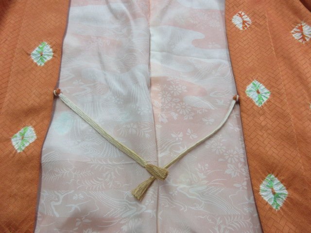 1 jpy superior article silk length feather woven Japanese clothes coat .. orange color .. aperture stop . stylish high class . length 86cm.67cm[ dream job ]***