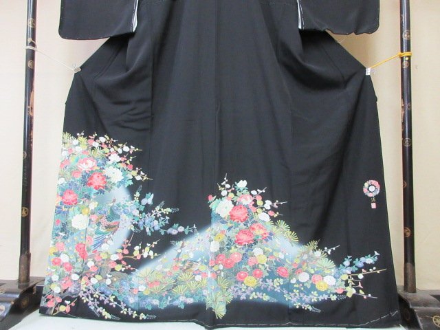 1 jpy superior article silk kimono tomesode .. type . Japanese clothes Japanese clothes ratio wing attaching author thing .. flower .. bird floral print four season flower high class . length 156cm.65cm[ dream job ]***