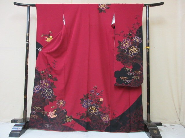 1 jpy superior article silk kimono long-sleeved kimono .. type . Japanese clothes Japanese clothes red purple gold paint dyeing dividing floral print ... floral print high class . length 156cm.68cm * excellent article *[ dream job ]****