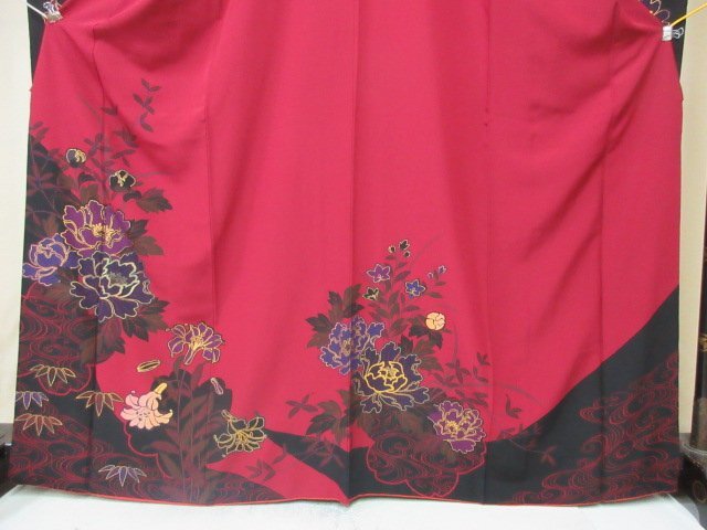 1 jpy superior article silk kimono long-sleeved kimono .. type . Japanese clothes Japanese clothes red purple gold paint dyeing dividing floral print ... floral print high class . length 156cm.68cm * excellent article *[ dream job ]****