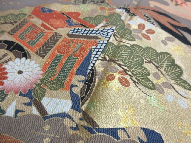 1 jpy superior article silk kimono tomesode .. type . Japanese clothes ratio wing attaching gold paint gold . ground paper autumn .. flower ceremonial occasions high class . length 149cm.64cm[ dream job ]***