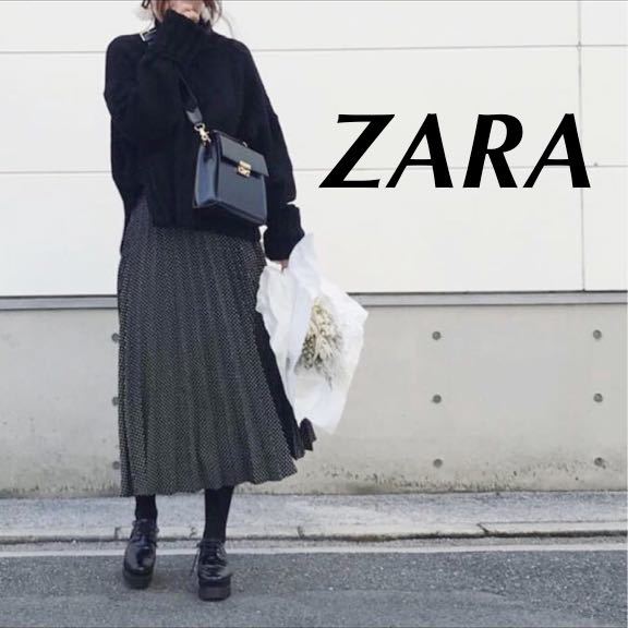 ZARA ドット柄 プリーツスカート 黒 L 1925_画像1