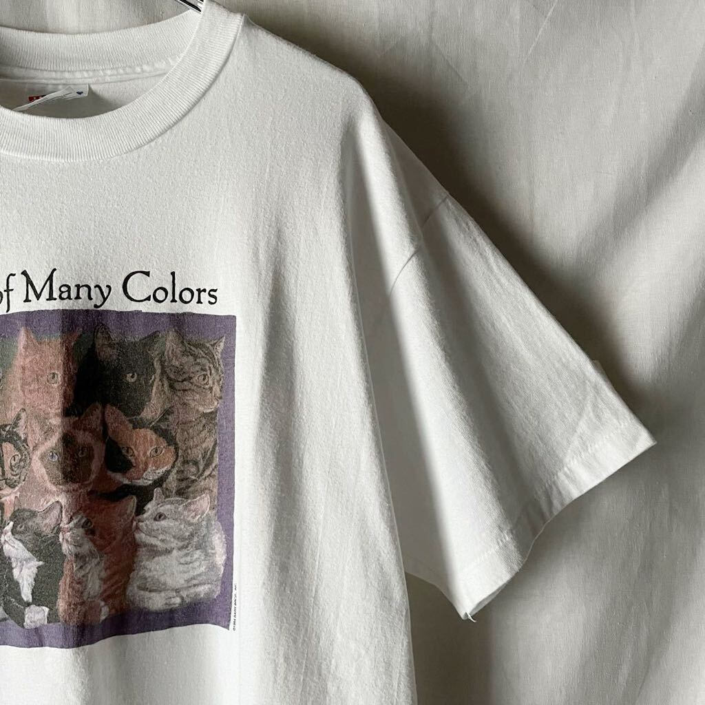 90s USA製 Hanes BEEFY-T Cats of Many Colors 猫 Tシャツ 白 L シングルステッチ アメリカ製 アート ヴィンテージ OLD アニマル ネコ_画像8