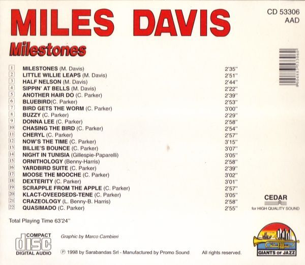 CD　★Miles Davis Milestones　輸入盤　(Giants Of Jazz CD 53306)_画像3