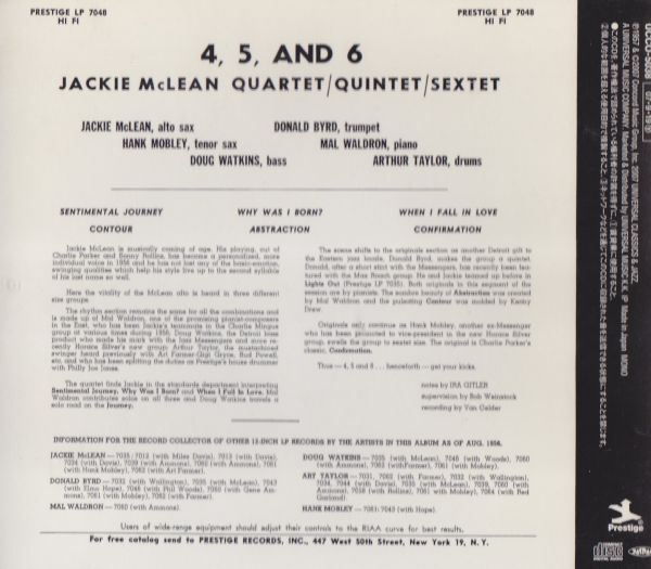 CD　★4,5&6 - ジャッキー・マクリーン / JACKIE MCLEAN　国内盤　(UCCO-5038)_画像3