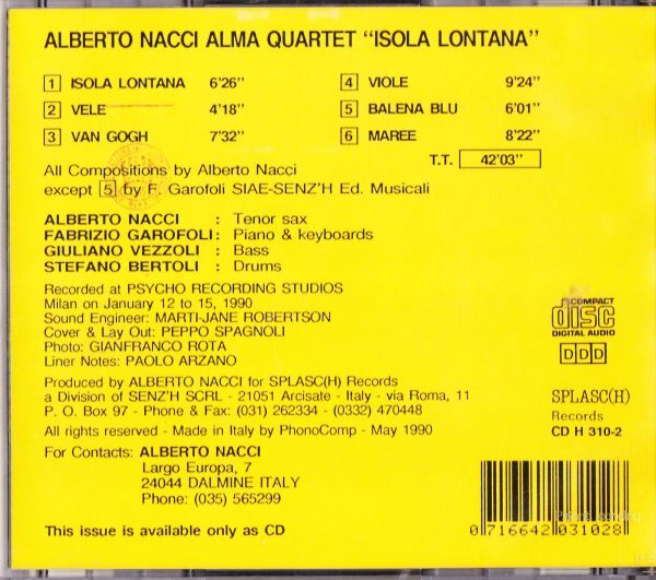 CD　★Alberto Nacci Alma Quartet, Alberto Nacci Isola Lontana　輸入盤　(CD H 310-2)_画像3