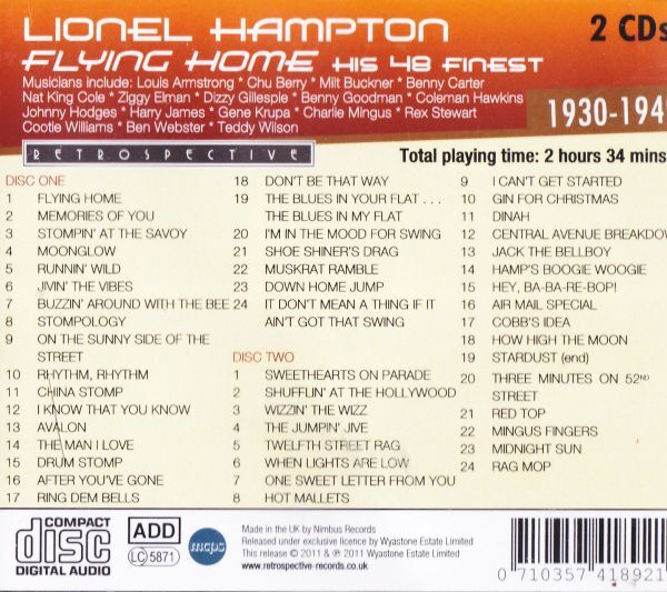 2CD　★Lionel Hampton Flying Home　輸入盤　(Retrospective Records RTS 4189)　2枚組_画像4