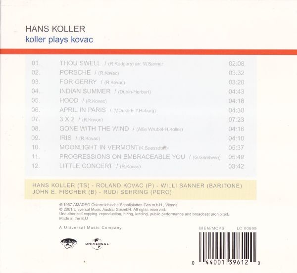 CD　★Hans Koller Koller Plays Kovac　輸入盤　(Emarcy 013961-2)　デジパック_画像3
