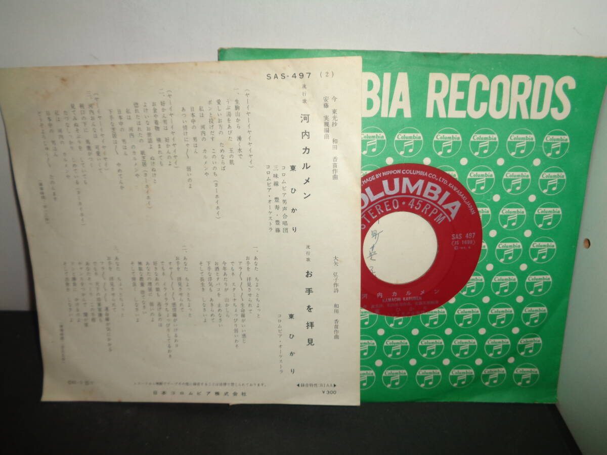 河内カルメン　東ひかり　EP盤　シングルレコード　同梱歓迎　V869_画像2