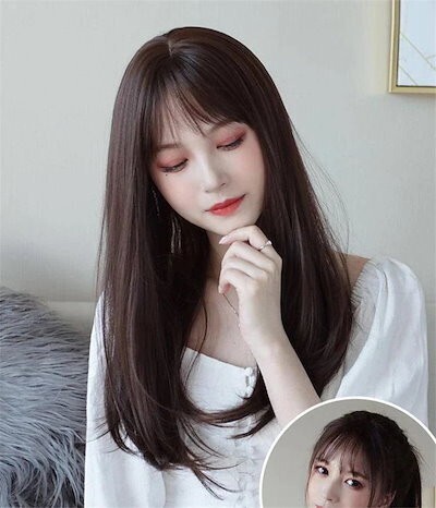 ダークブラウン ウィッグ ロング ストレート フルウィッグ 耐熱 ぱっつん ネット付 ヘアアレンジ 自然 軽い 医療用 耐熱 ナチュラル かつら_画像2