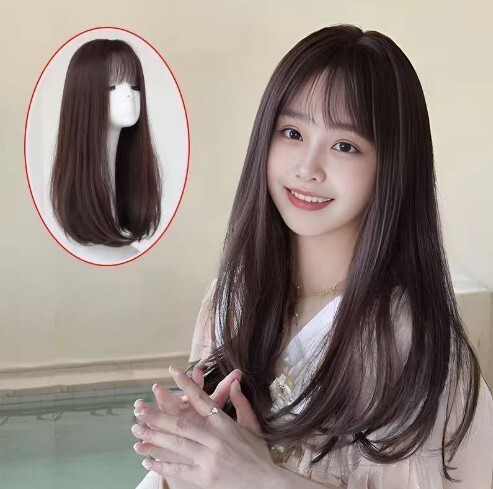 ダークブラウン ウィッグ ロング ストレート フルウィッグ 耐熱 ぱっつん ネット付 ヘアアレンジ 自然 軽い 医療用 耐熱 ナチュラル かつら_画像1