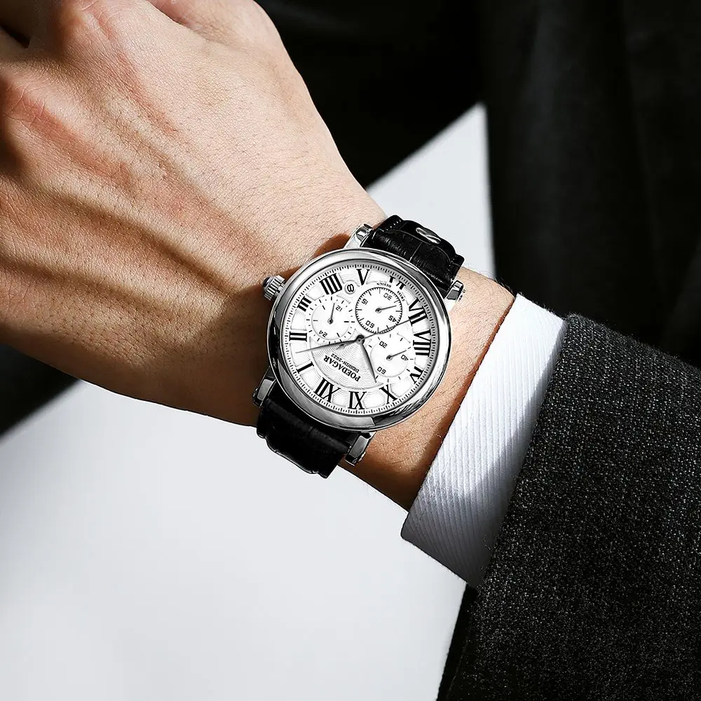 【Silver White black】メンズ高品質腕時計 海外人気ブランド POEDAGAR 防水 クォーツ式 レトロ レザーバンド_画像6