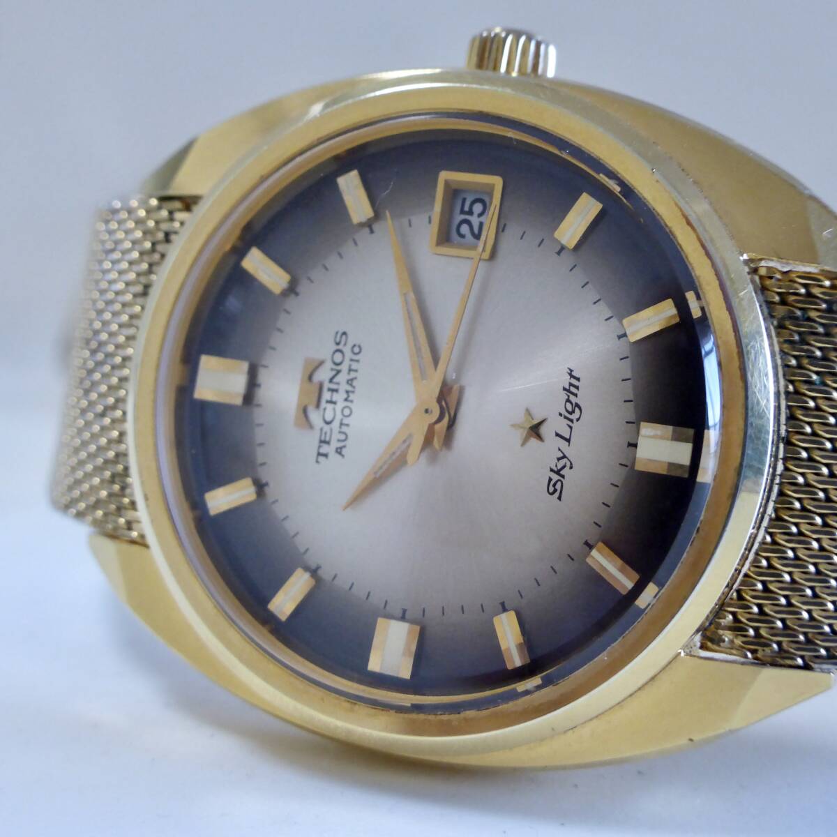 !TECHNOS Tecnos skylight Sky Light self-winding watch men's wristwatch Gold original breath attaching glass beautiful beautiful goods 