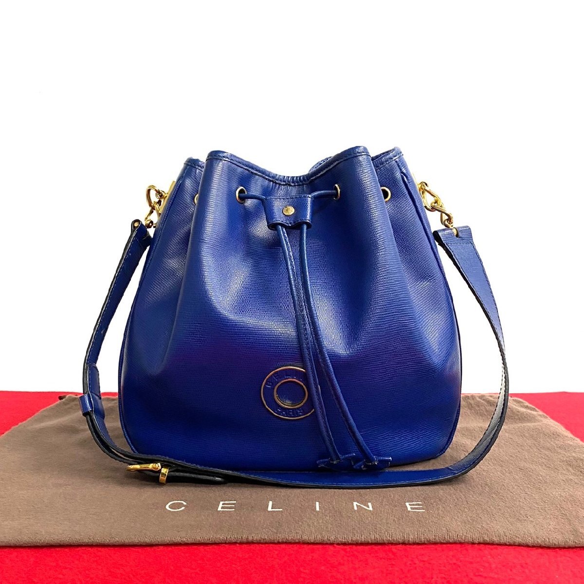 極 美品 CELINE セリーヌ ヴィンテージ サークル ロゴ 金具 レザー 本革 巾着 ショルダーバッグ ポシェット サコッシュ ブルー 36031_画像1