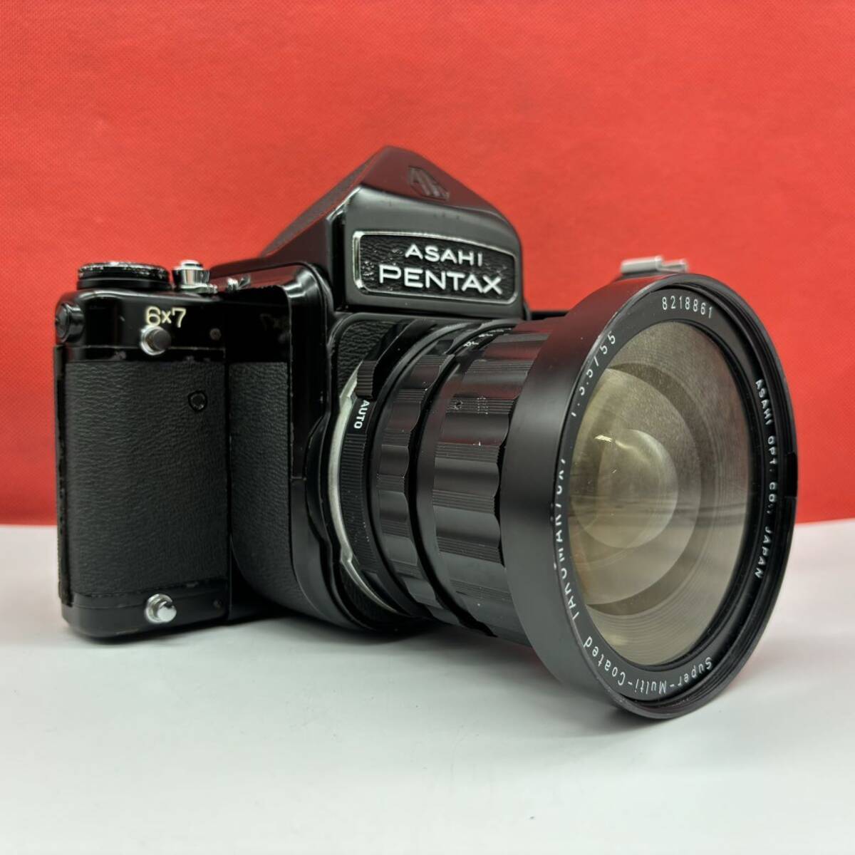 ◆ PENTAX 6×7 中判フィルムカメラ 木製グリップ ボディ Super-Multi-Coated TAKUMAR 6×7 F3.5/55 レンズ シャッターOK ペンタックスの画像4