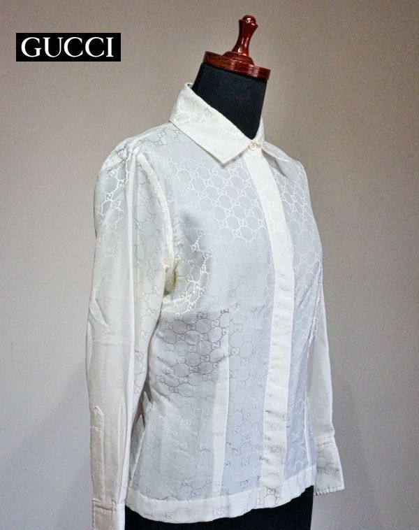 GUCCI　グッチ　GGパターン長袖白シャツ　38サイズ　S～M　シルク混紡　生成り　通年　汗シミあり　_画像3