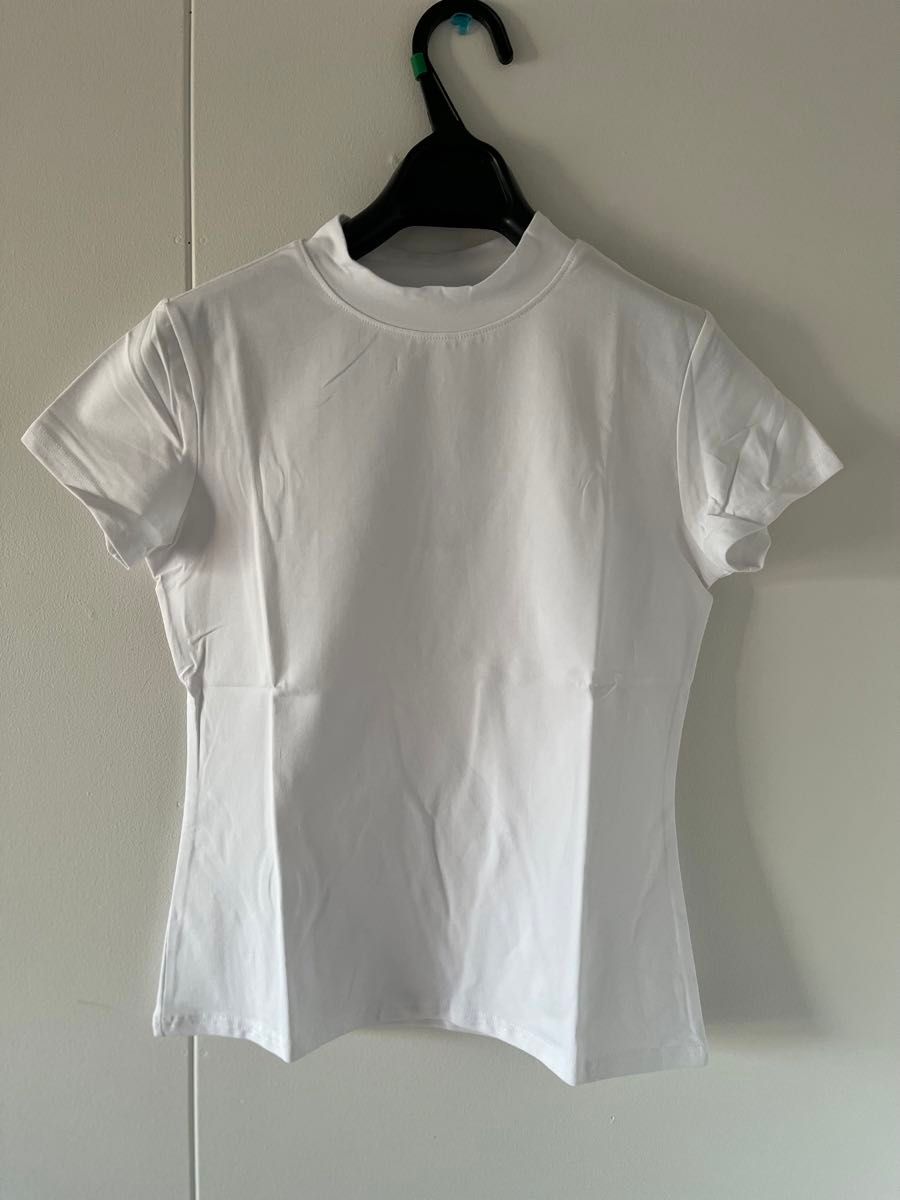 ハイネックTシャツ 半袖 シンプル 着痩せ効果 ホワイト 白 L