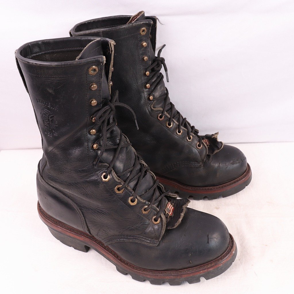 USA made Chippewa 10 D / 28.0cm rank steel tu29435 braided up Work roga- boots black black Chippewa leather original leather old clothes used eb1231