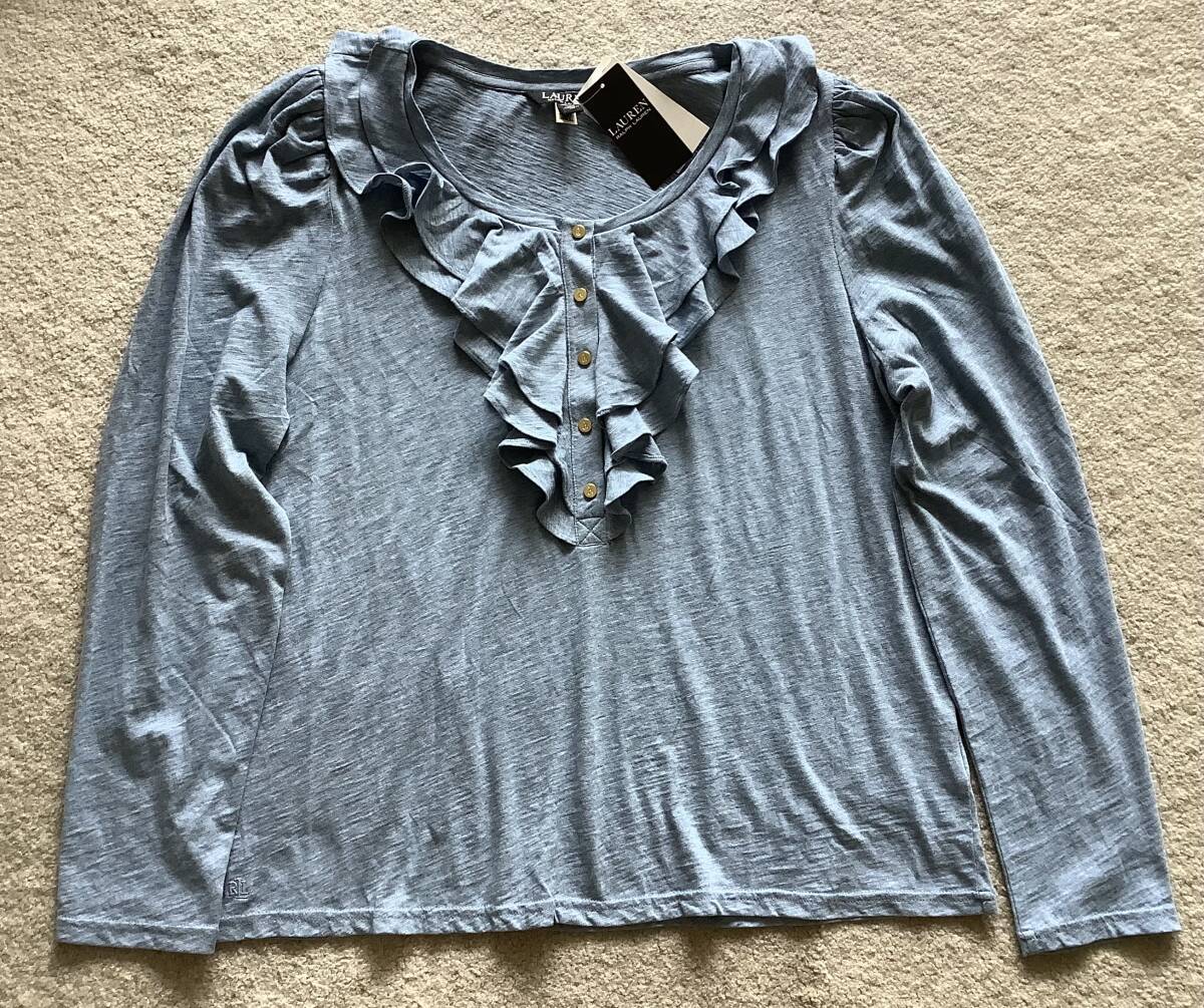 日本発送LAUREN Ralph Laurenローレンラルフローレン新品XL♪ブルーヘザー色のラッフルネックの長袖Tシャツ素材のカットソーの画像1