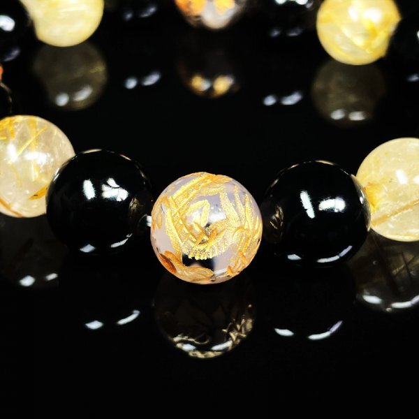 ゴールド ルチルクォーツ ブレスレット 四神獣彫ドラゴンアゲート ブラックオニキス 12ミリ 数珠 相性抜群の組み合わせ 金運上昇 お守り_画像6