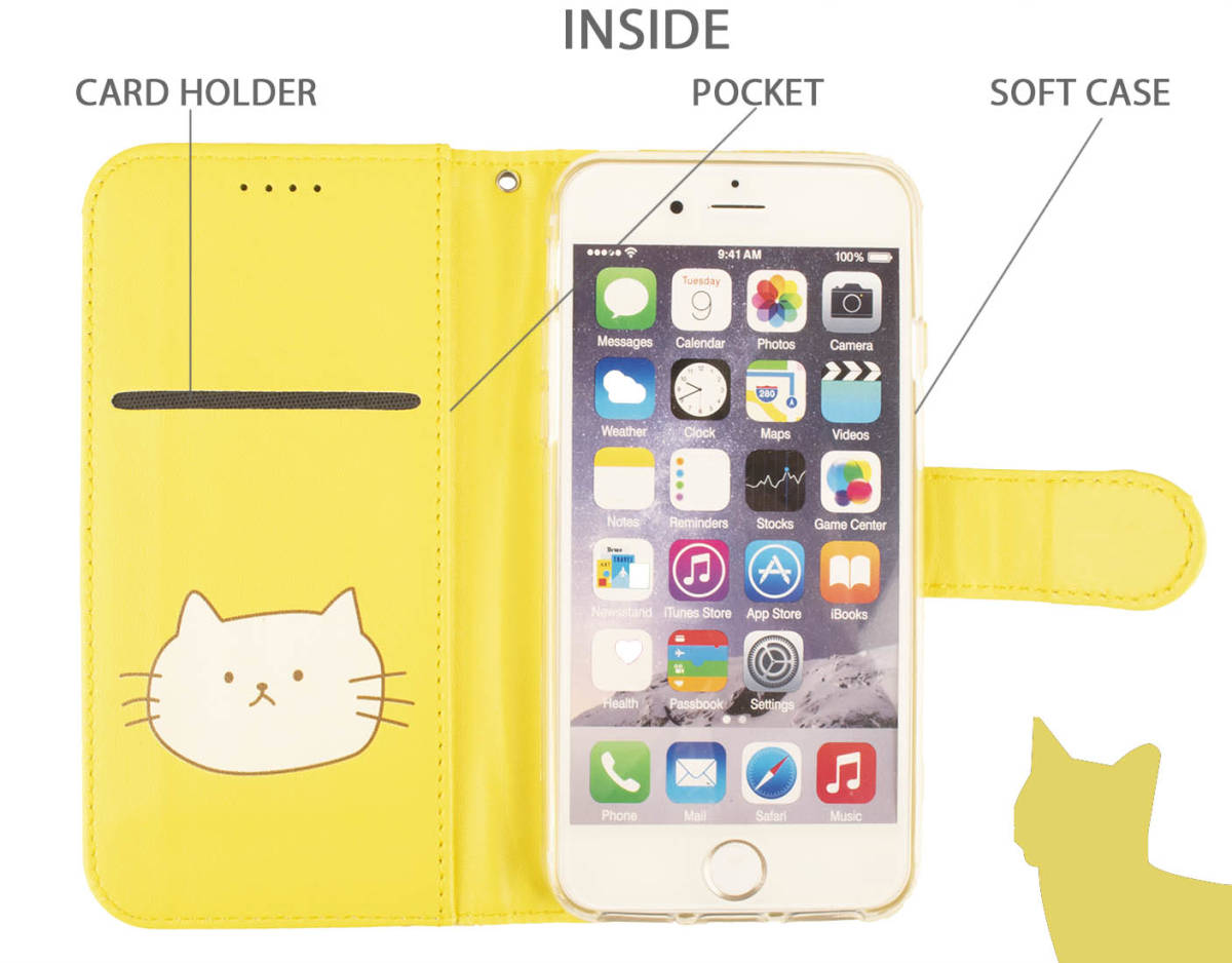 iPhone13 ケース 手帳型 かわいい iPhone 13 ケース アイフォン13 アイホン13 イエロー 黄色 送料無料 カバー レザー スマホケース 猫 ねこ_画像2