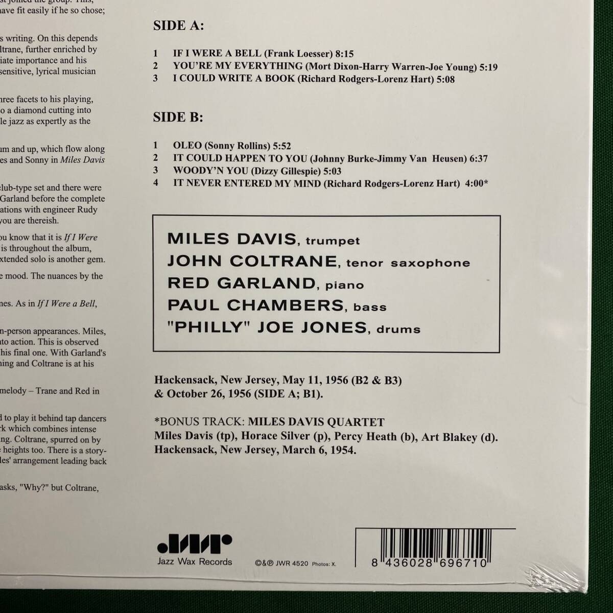 未開封　マイルス・デイヴィス　リラクシン　Relaxin' with the Miles Davis Quintet　希少品　送料500円　EU盤　180g重量盤　限定盤　1LP_画像4