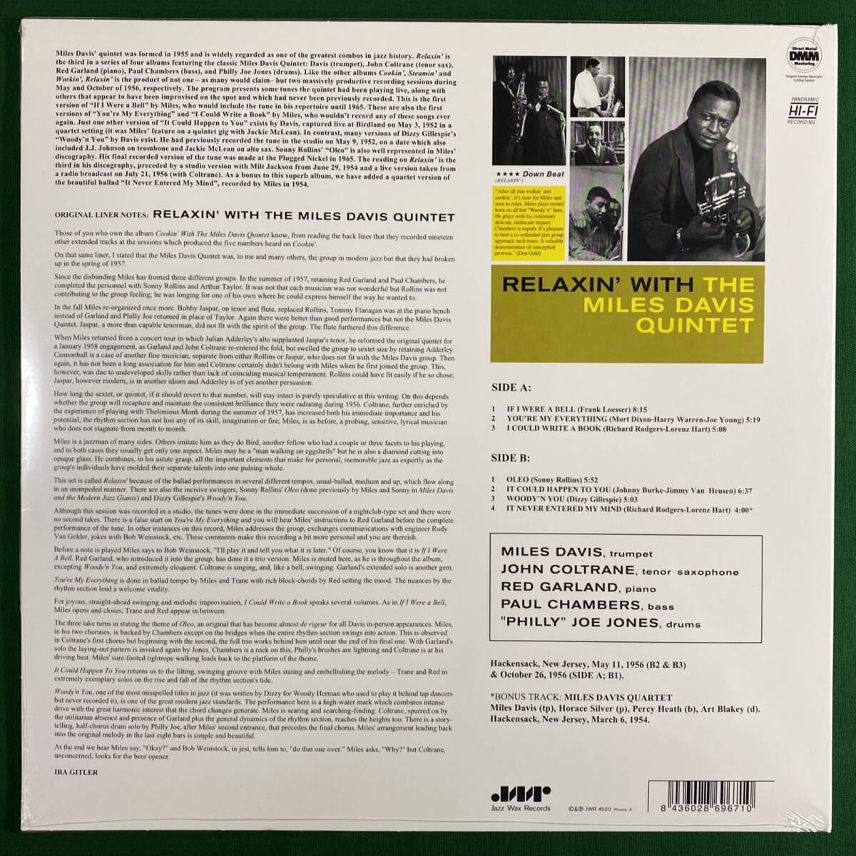 未開封　マイルス・デイヴィス　リラクシン　Relaxin' with the Miles Davis Quintet　希少品　送料500円　EU盤　180g重量盤　限定盤　1LP_画像3