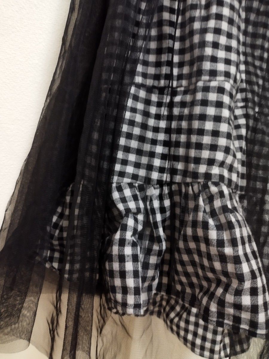 韓国ファッション Chuu ギンガムチェック柄 チュール スカート ウエストゴム ブラック ロングスカート 黒 バレエコア