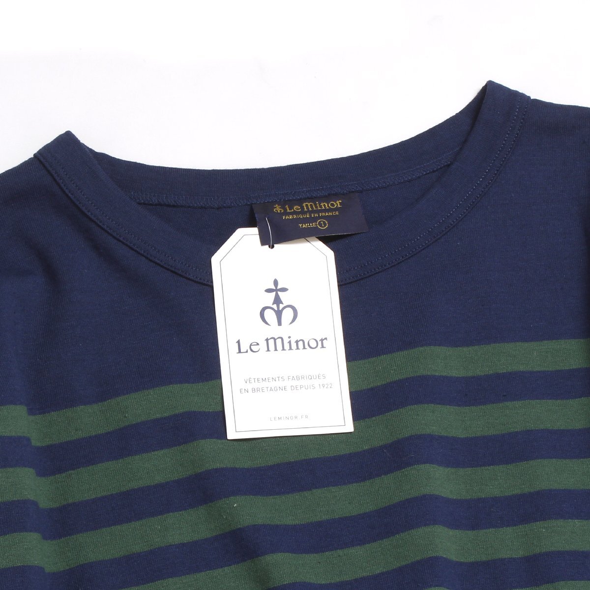 【新品・タグ付き】Le minor パネルボーダーワイドカットソー ショート丈 size1 ネイビー×グリーン ルミノア ロンT_画像5