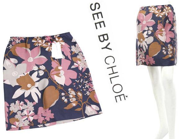  новый товар SEE BY CHLOE обычная цена 28,350 иен цветочный принт шелк юбка See by Chloe sizeI38 темно-синий серия 