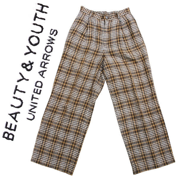 BEAUTY&YOUTH UNITED ARROWS チェックタックワイドパンツ 定価13,000円 sizeM リネン 1614-144-4753 ユナイテッドアローズ_画像1