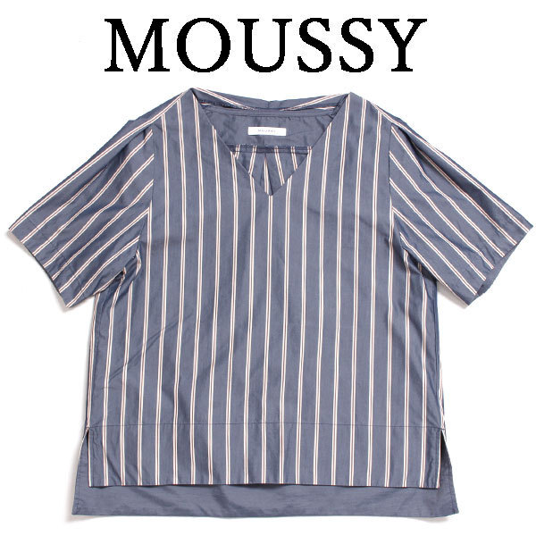 ◆MOUSSY ストライプブラウス sizeFREE ブルー 0109AA30-6590 マウジー_画像1