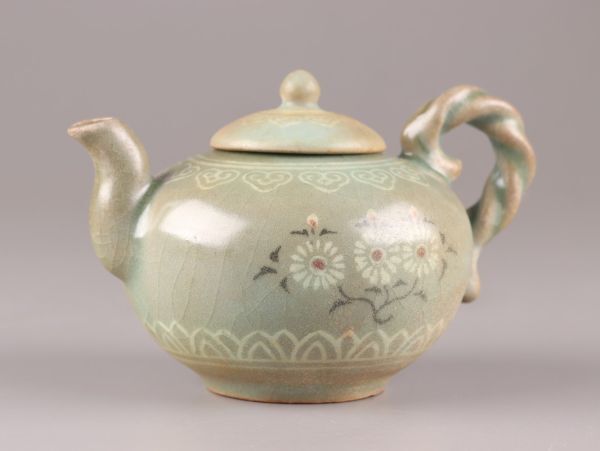 古美術 朝鮮古陶磁器 煎茶道具 高麗青磁 白黒象嵌 急須 時代物 極上品 初だし品 C5985_画像2