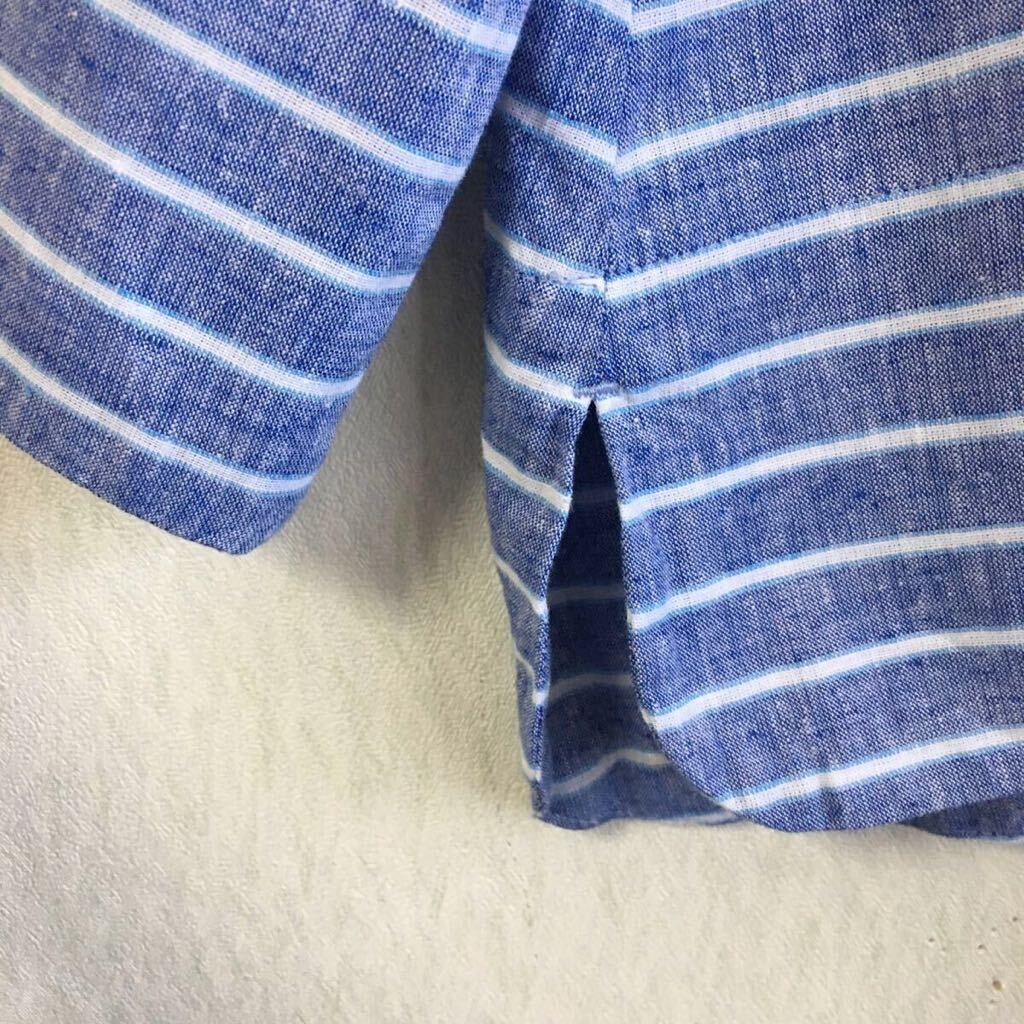 美品 プチオンフルール チュニック カットソー ブラウス 麻入り 11号 ブルー系 大きいサイズ ボーダー ベルギーリネン Belgium Linen_画像4