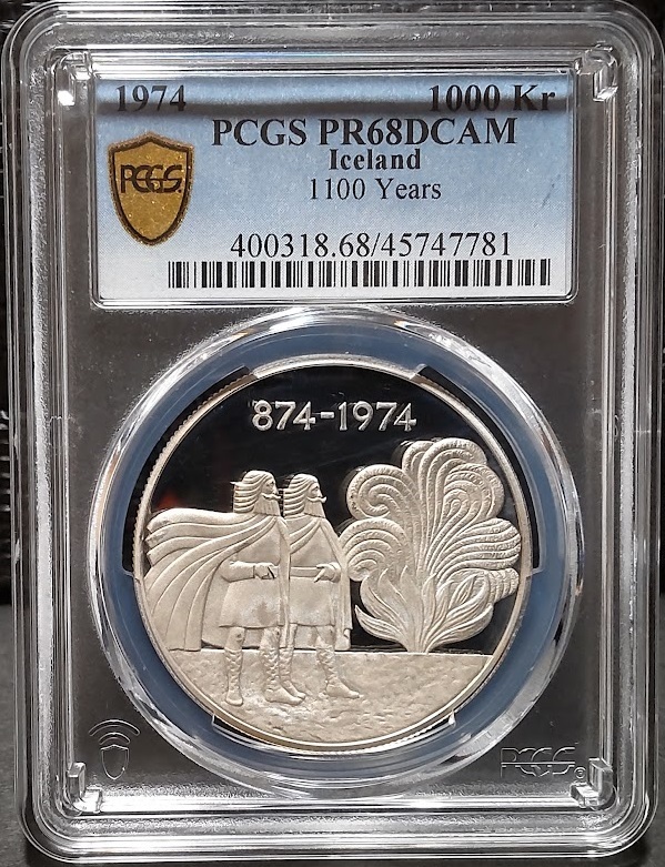 1974年 アイスランド 建国1100周年記念 5シリング クラウン 銀貨 PCGS PR68DCCAM ２枚セット_画像2