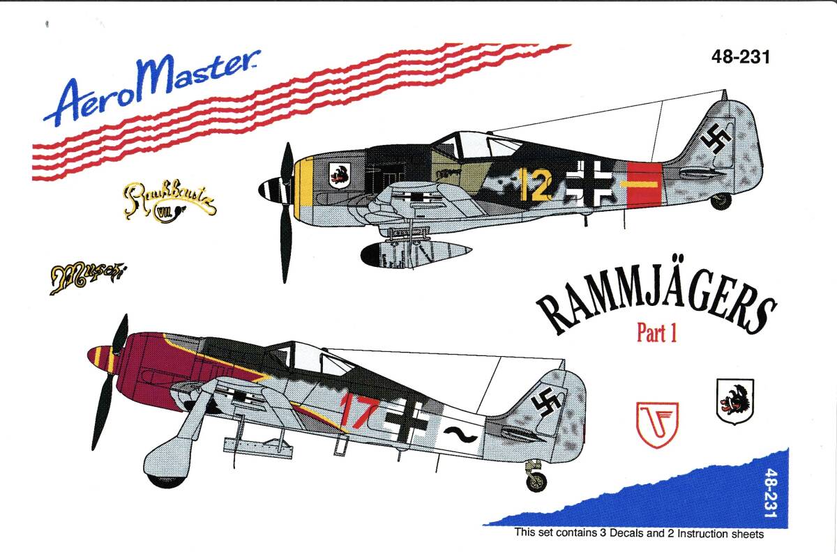 ▼1/48 エアロマスター デカール フォッケウルフ Fw190A-8/R2,A-8/R8 突撃飛行隊’ラムイェーガーズ’ Part.1の画像1