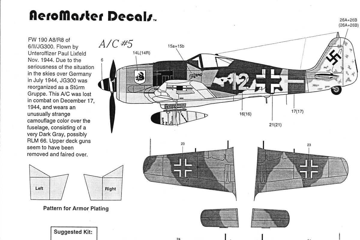 ▼1/48 エアロマスター デカール フォッケウルフ Fw190A-8/R2,A-8/R8 突撃飛行隊’ラムイェーガーズ’ Part.1の画像3