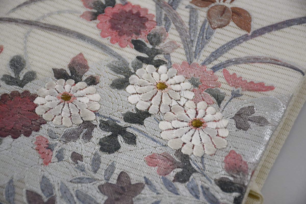 名古屋帯 夏帯 刺繍 花 お洒落帯 帯丈364cm ★着物屋 ne-9848 桜庭呉服店_画像4