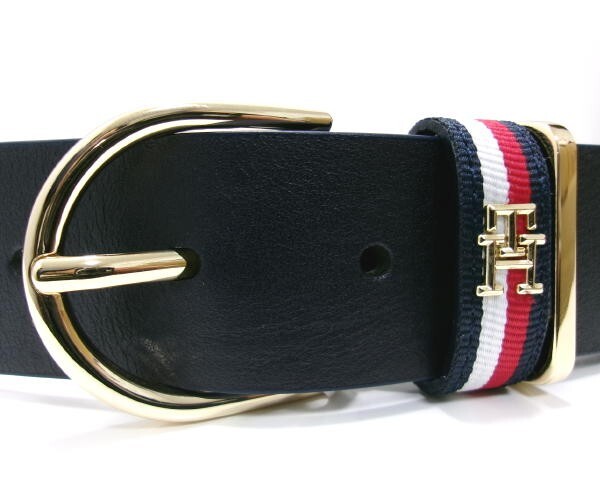 新品★TOMMY HILFIGER★トミーヒルフィガー★iイタリア製 THロゴ レザーベルト★トリコロール 80cm ネイビー 本革_画像3