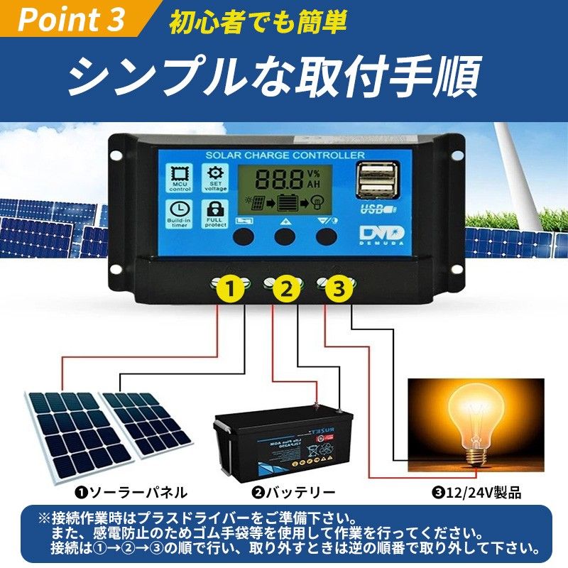 30A ソーラーチャージコントローラー 12V/24V バッテリー 充電  USBポート付 LCD液晶 自動調整機能 太陽光パネル