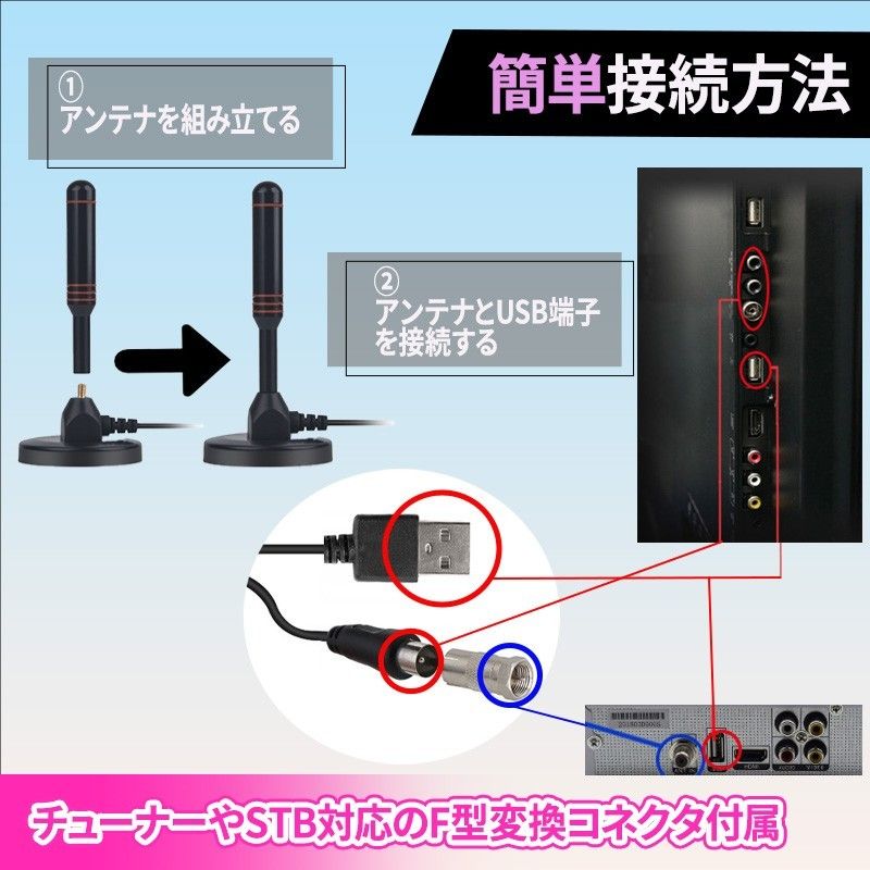 室内 アンテナ ブースター内蔵 ポータブル ワンセグ 4K HD テレビ 地デジ 車載 USB UHF VHF 高感度 野外