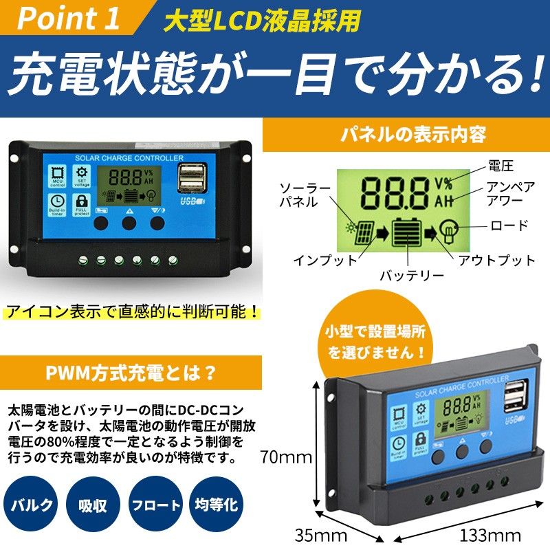 30A ソーラーチャージコントローラー 12V/24V バッテリー 充電  USBポート付 LCD液晶 自動調整機能 太陽光パネル