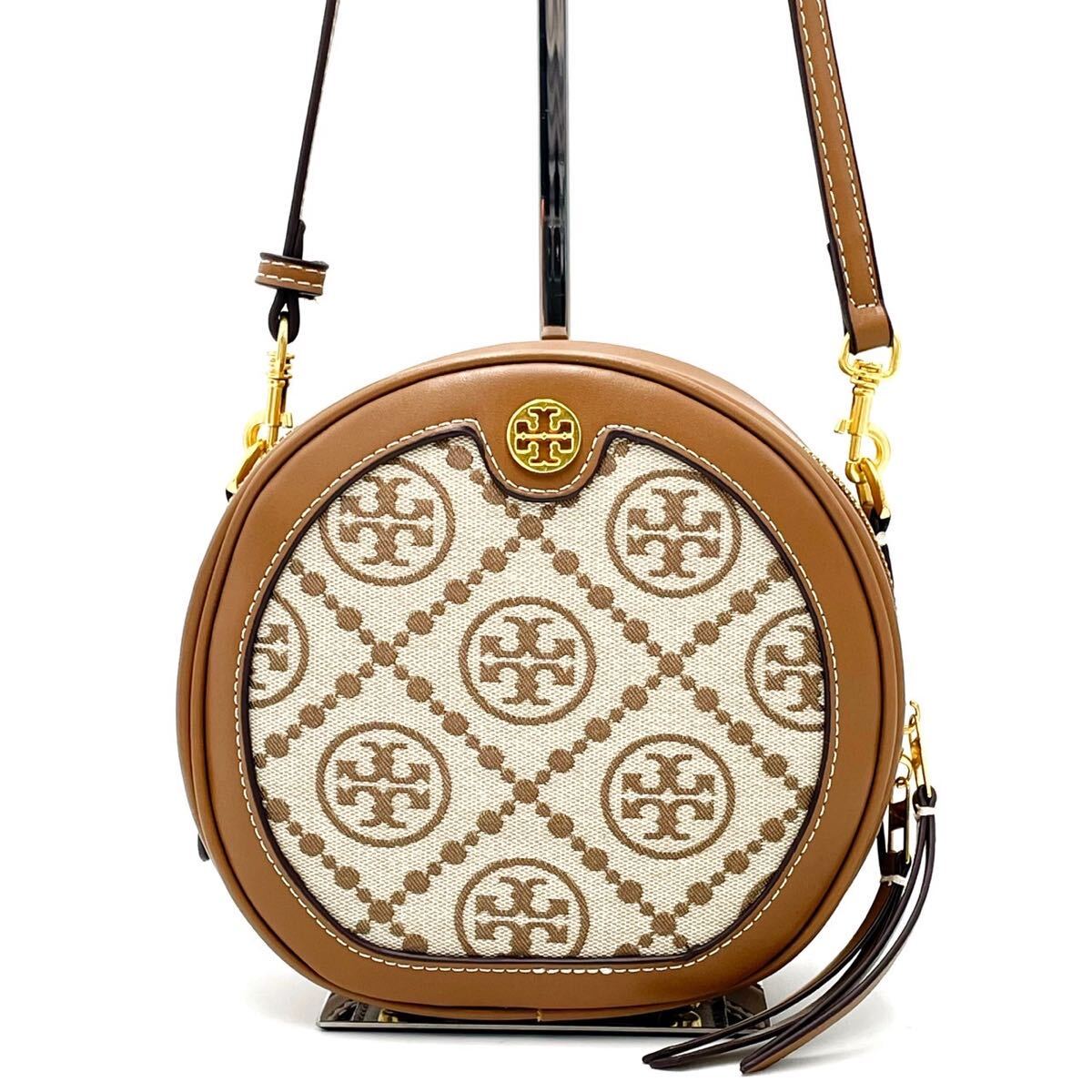 1円【高級】Tory BURCH トリーバーチ ショルダーバッグ ラウンド型 トート ロゴ柄 箱付き キャンバス レザー ブラウン 斜め掛け 希少の画像2