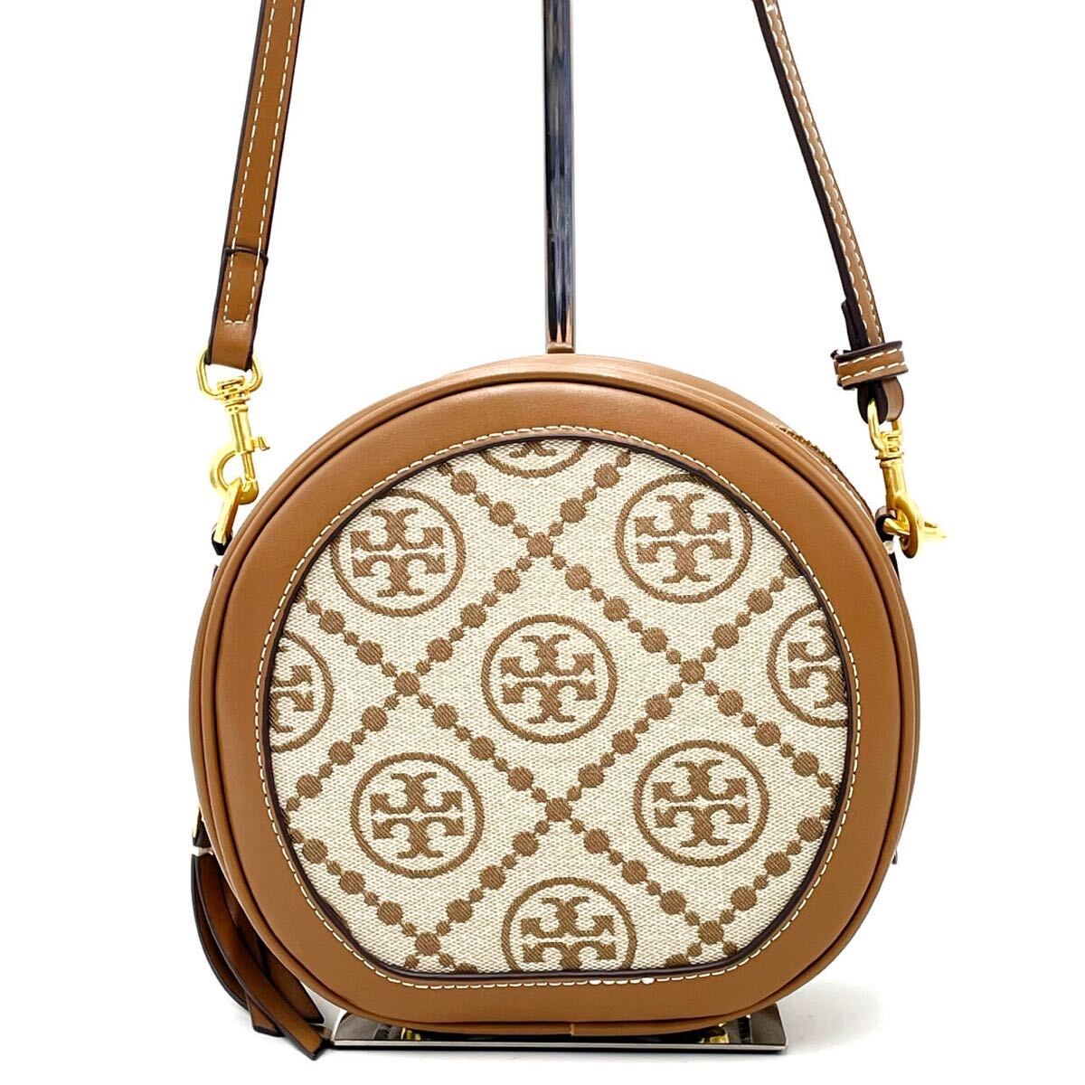 1円【高級】Tory BURCH トリーバーチ ショルダーバッグ ラウンド型 トート ロゴ柄 箱付き キャンバス レザー ブラウン 斜め掛け 希少の画像3