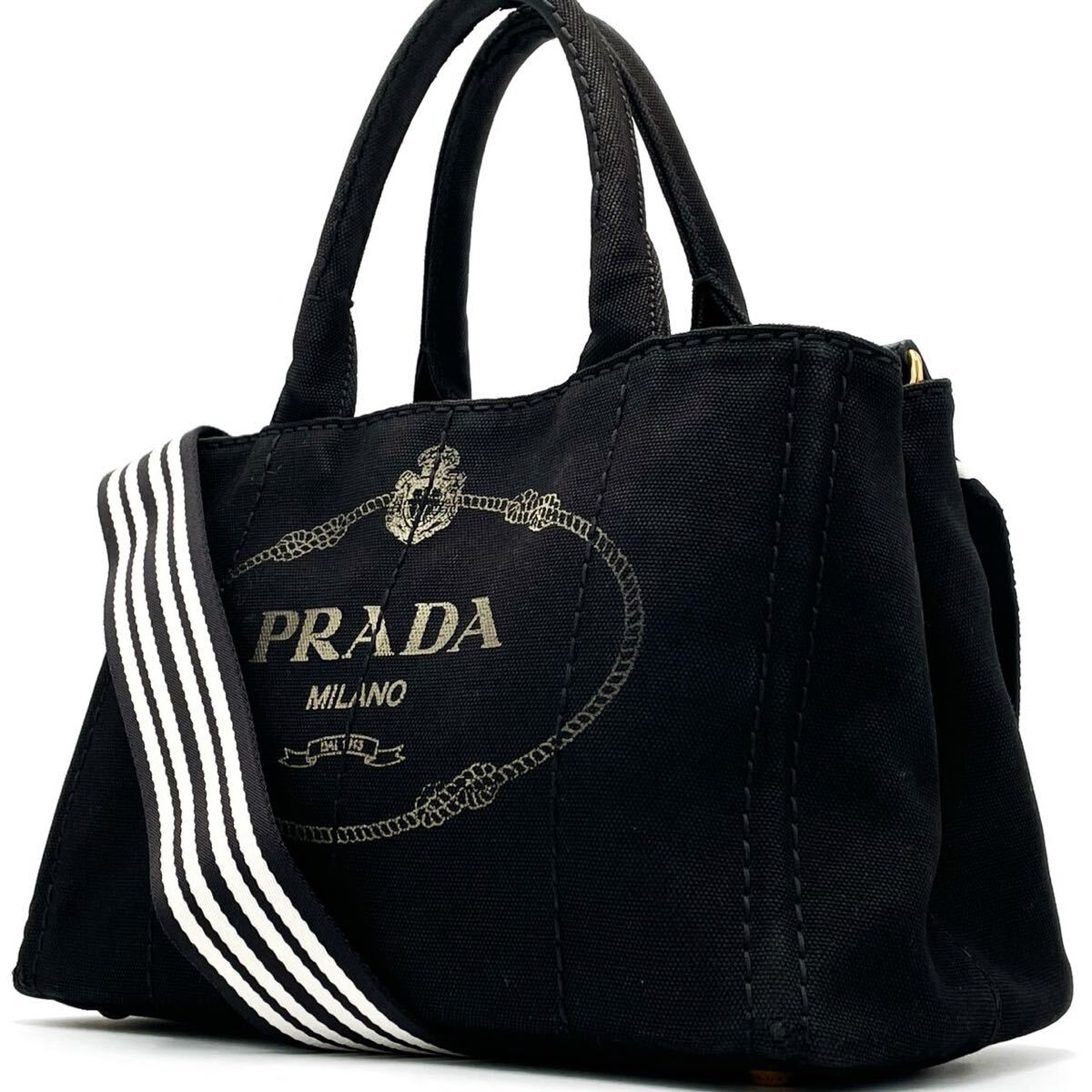 1円【最高級品】PRADA プラダ 2way ショルダーバッグ トート ハンド カナパ S ストライプ 三角プレート キャンバス ブラック 斜め掛け 黒色_画像1