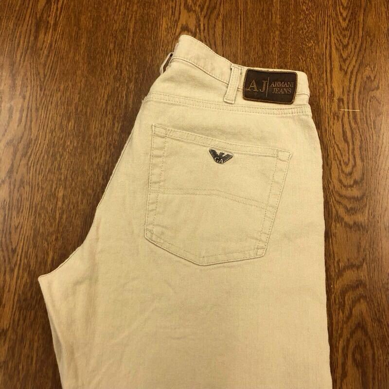 【FE048】ARMANI JEANS W32 薄地 リネンカラーパンツ ベージュ ストレッチ生地 メンズブランド古着 アルマーニジーンズ 送料無料