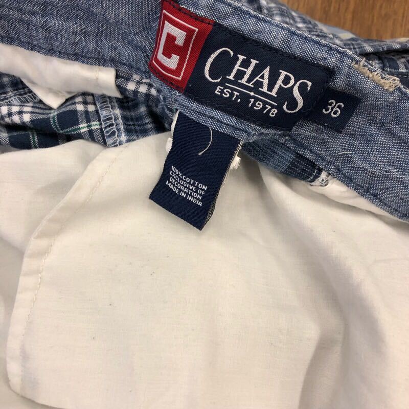 【FE081】CHAPS W36 パッチワークハーフパンツ ブルー チェック柄 メンズブランド古着 チャップス ショートパンツ 送料無料